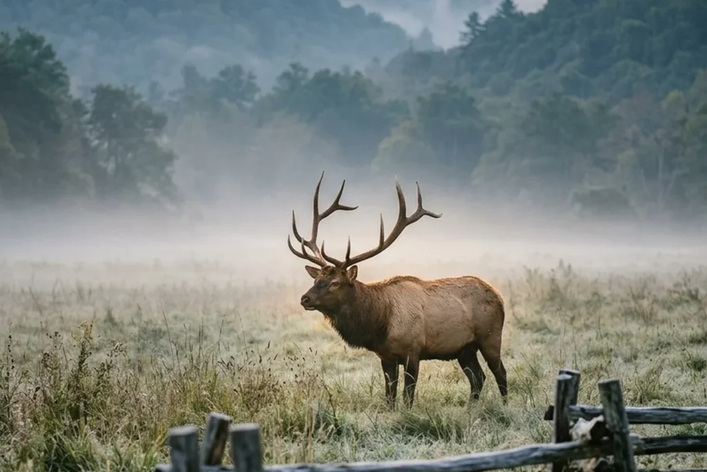 Bull elk standing in a misty Smoky Mountain valley meadow at sunrise behind a split-rail fence