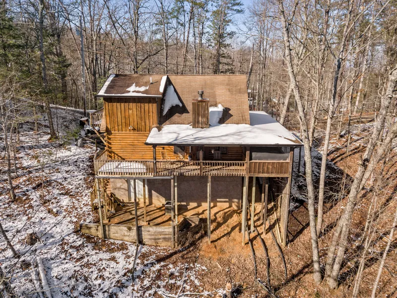 Drone view of the cabin decks from the treetops
