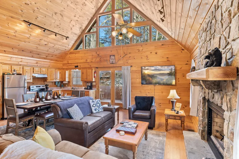 Open living space with cathedral windows